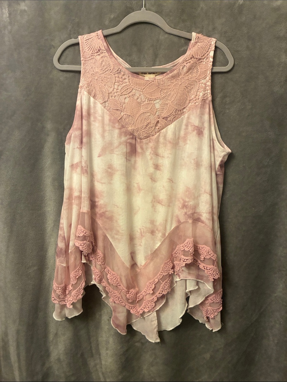 Indigo Thread Co. XL. Sleeveless Pink Tie-Dye Lace Yoke Women's Top
